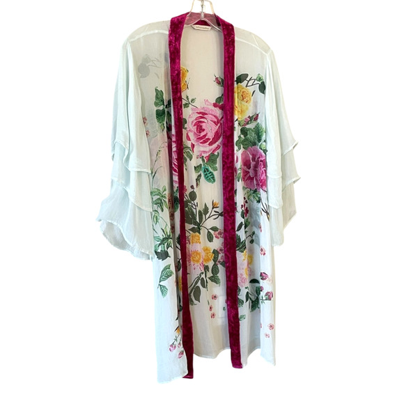 SOFT SURROUNDINGS Size Large Sheer Green Pink Floral Embroidered Open Duster - Picture 8 of 9